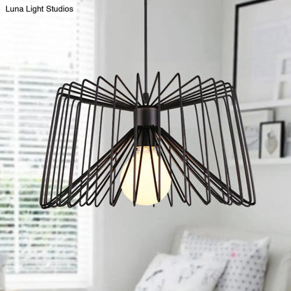 Industrial Metal Hanging Lamp with Adjustable Cord - Black/White Cage Shade - Living Room Ceiling Light