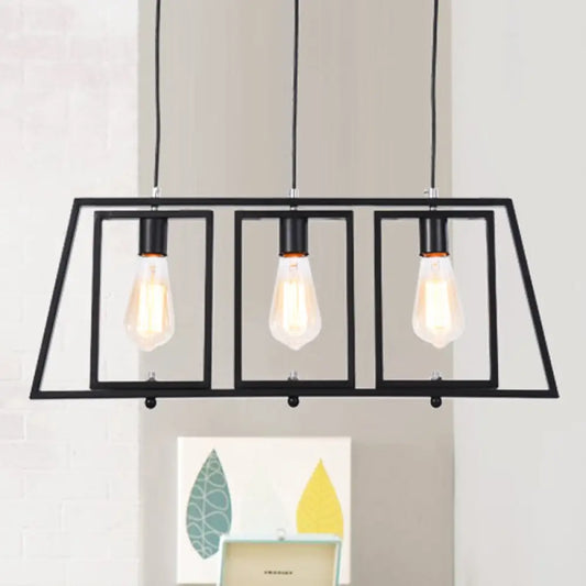 DecorBites™ Industrial Metal Hanging Pendant Light Fixture - Trapezoid Frame - 3-Light - Black - Rectangle Shade - for Kitchen Island