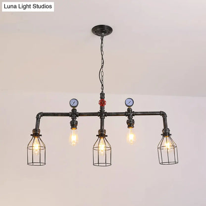 DecorBites™ Industrial Metal Island Lighting with 5 Lights, Suspension Light in Black: Pipe and Gauge Design with Cage