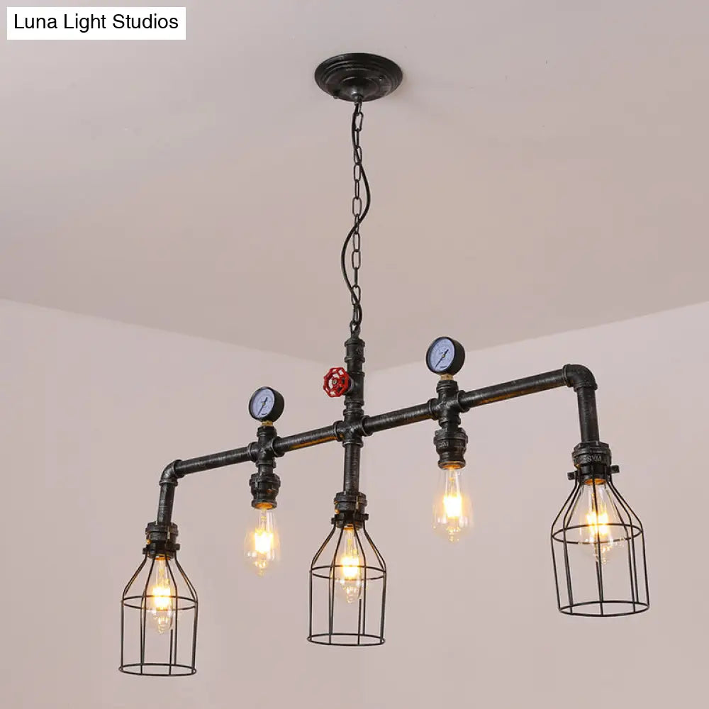DecorBites™ Industrial Metal Island Lighting with 5 Lights, Suspension Light in Black: Pipe and Gauge Design with Cage