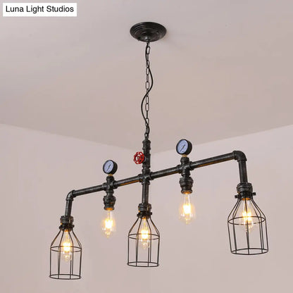 DecorBites™ Industrial Metal Island Lighting with 5 Lights, Suspension Light in Black: Pipe and Gauge Design with Cage