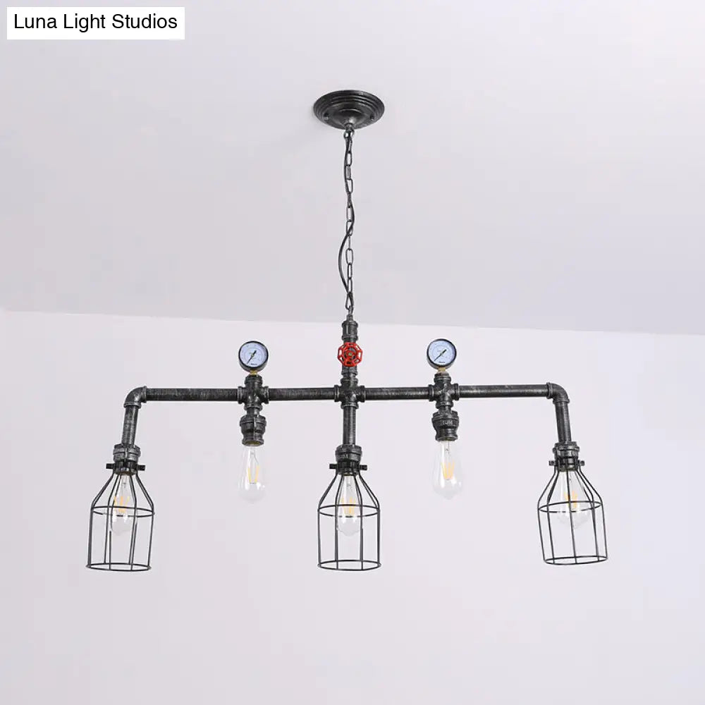 DecorBites™ Industrial Metal Island Lighting with 5 Lights, Suspension Light in Black: Pipe and Gauge Design with Cage