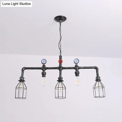 DecorBites™ Industrial Metal Island Lighting with 5 Lights, Suspension Light in Black: Pipe and Gauge Design with Cage