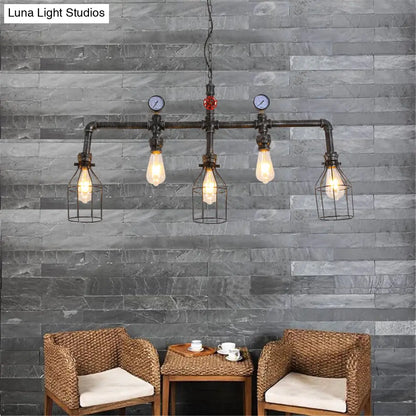 DecorBites™ Industrial Metal Island Lighting with 5 Lights, Suspension Light in Black: Pipe and Gauge Design with Cage