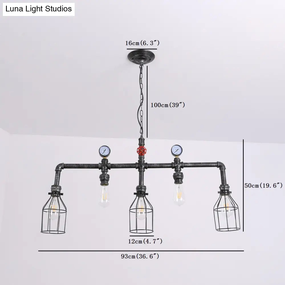 DecorBites™ Industrial Metal Island Lighting with 5 Lights, Suspension Light in Black: Pipe and Gauge Design with Cage