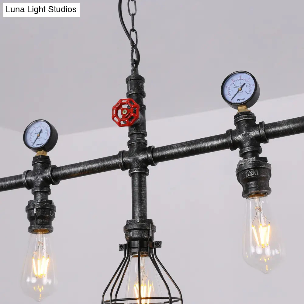 DecorBites™ Industrial Metal Island Lighting with 5 Lights, Suspension Light in Black: Pipe and Gauge Design with Cage
