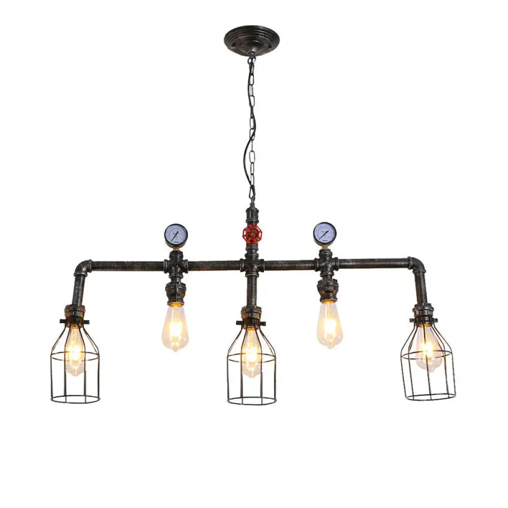 DecorBites™ Industrial Metal Island Lighting with 5 Lights, Suspension Light in Black: Pipe and Gauge Design with Cage