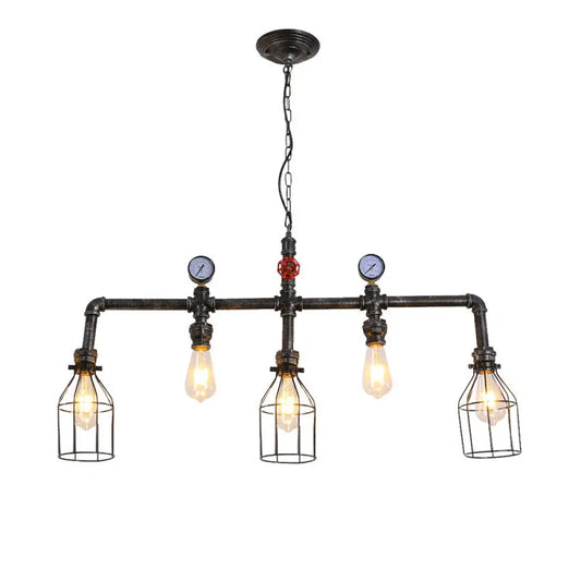 DecorBites™ Industrial Metal Island Lighting with 5 Lights, Suspension Light in Black: Pipe and Gauge Design with Cage