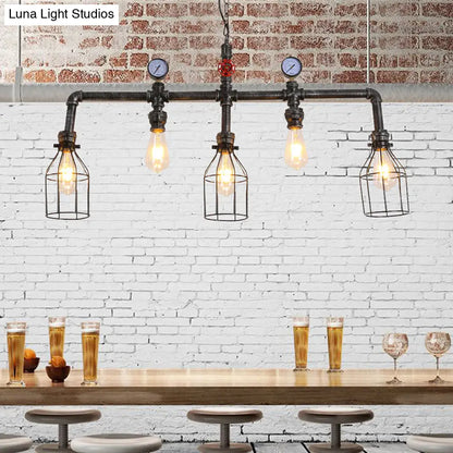 DecorBites™ Industrial Metal Island Lighting with 5 Lights, Suspension Light in Black: Pipe and Gauge Design with Cage