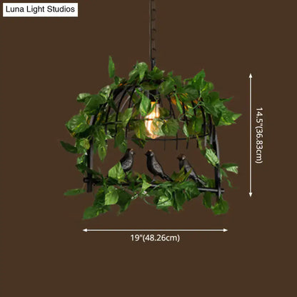 Black industrial metal pendant light by decorbites featuring a birdcage design with artificial vines and exposed filament bulb 220v-240v 110v-120v
