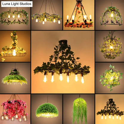 Decorbites™ industrial metal pendant light in black with rustic wrought iron chandelier and lush artificial green vines, 220v-240v 110v-120v
