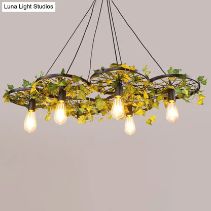 DecorBites™ industrial metal pendant light black hanging lamp with three wheel frames and glowing Edison bulbs 220v-240v 110v-120v