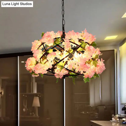 Industrial Metal LED Chandelier Light with 3 Bulbs in Pink, Cherry Blossom Design