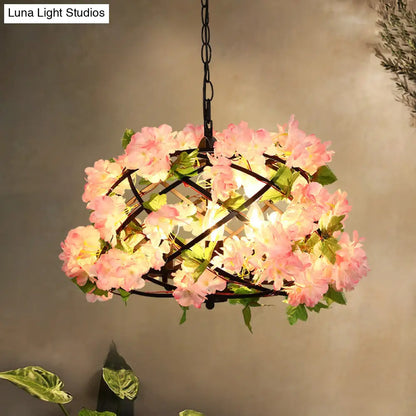 Industrial Metal LED Chandelier Light with 3 Bulbs in Pink, Cherry Blossom Design