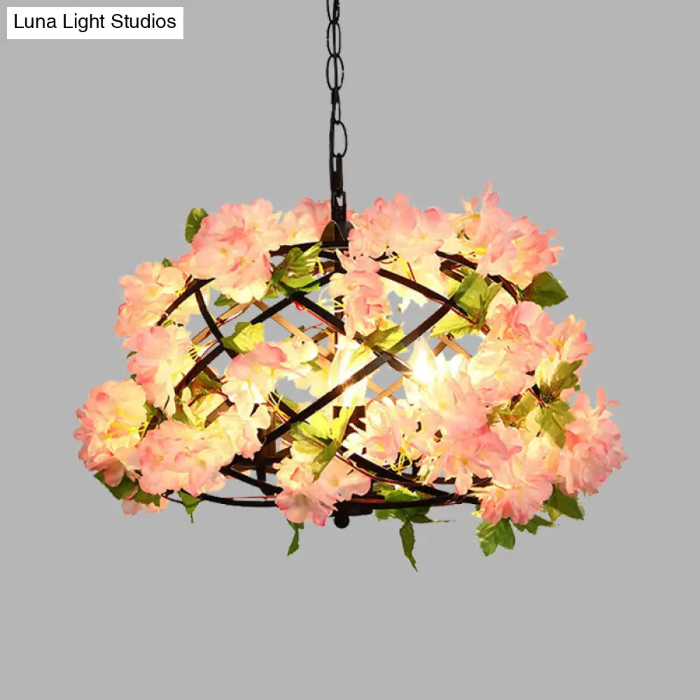 Industrial Metal LED Chandelier Light with 3 Bulbs in Pink, Cherry Blossom Design