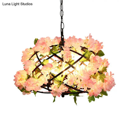 Industrial Metal LED Chandelier Light with 3 Bulbs in Pink, Cherry Blossom Design
