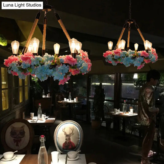 Industrial Metal LED Chandelier with 6 Bulbs, Black Finish and Cherry Blossom Detail