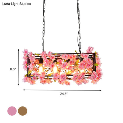 DecorBites™ Industrial Metal LED Hanging Lamp in Pink/Brown with Flower Decoration - 4-Light Rectangle Island Light