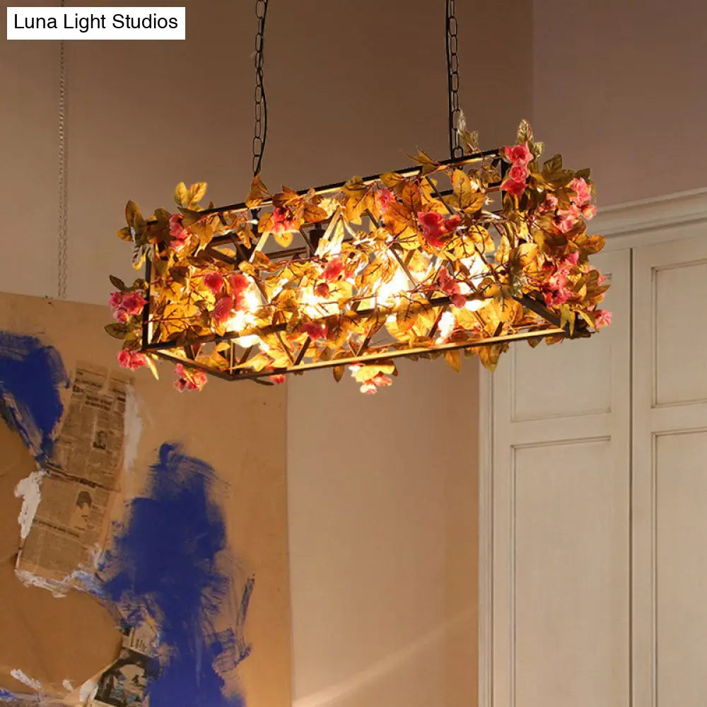 DecorBites™ Industrial Metal LED Hanging Lamp in Pink/Brown with Flower Decoration - 4-Light Rectangle Island Light
