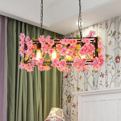 DecorBites™ Industrial Metal LED Hanging Lamp in Pink/Brown with Flower Decoration - 4-Light Rectangle Island Light