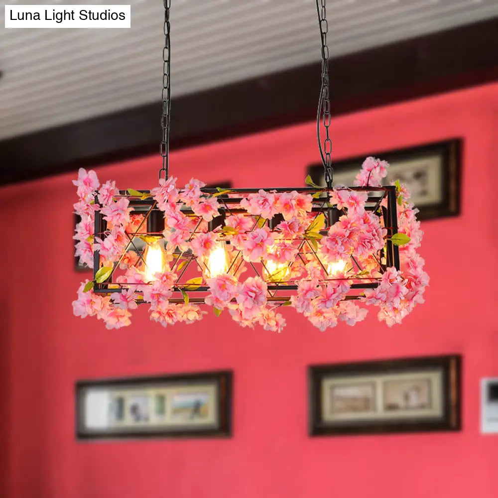 DecorBites™ Industrial Metal LED Hanging Lamp in Pink/Brown with Flower Decoration - 4-Light Rectangle Island Light