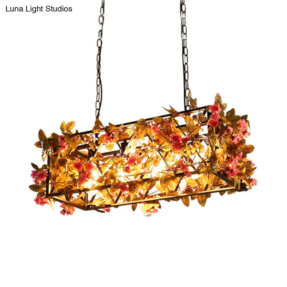 DecorBites™ Industrial Metal LED Hanging Lamp in Pink/Brown with Flower Decoration - 4-Light Rectangle Island Light