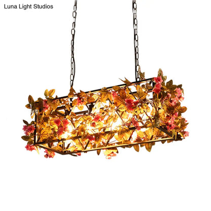 DecorBites™ Industrial Metal LED Hanging Lamp in Pink/Brown with Flower Decoration - 4-Light Rectangle Island Light