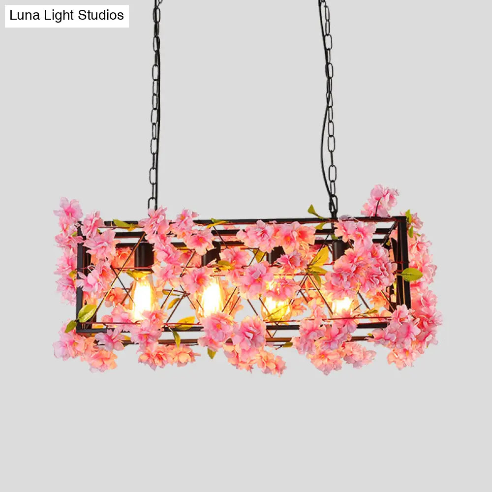 DecorBites™ Industrial Metal LED Hanging Lamp in Pink/Brown with Flower Decoration - 4-Light Rectangle Island Light