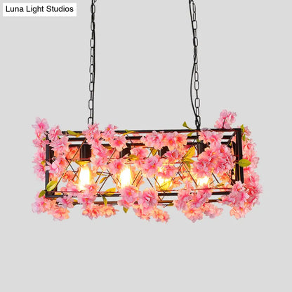 DecorBites™ Industrial Metal LED Hanging Lamp in Pink/Brown with Flower Decoration - 4-Light Rectangle Island Light