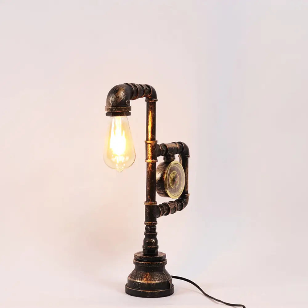 Industrial Metal Nightstand Lamp - Pipe and Clock Bedroom Table Light with 1 Bronze Head