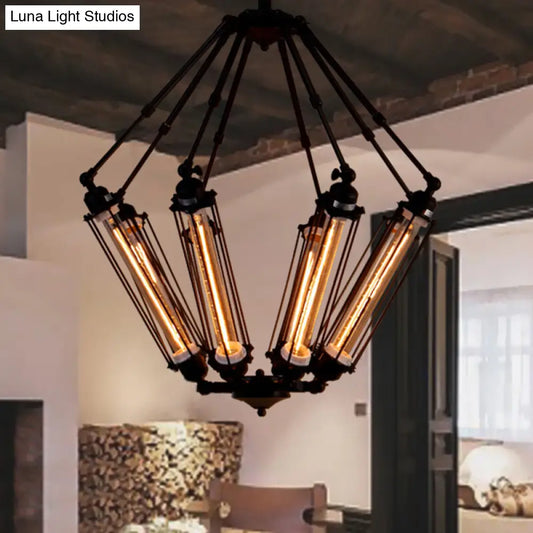 Industrial Metal Pendant Ceiling Lamp - 4-Light Tube Cage Chandelier Fixture in Black