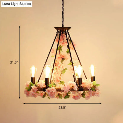 Industrial Metal Pendant Chandelier with Flower Decoration - 6/8/14-Head Pink Ceiling Light