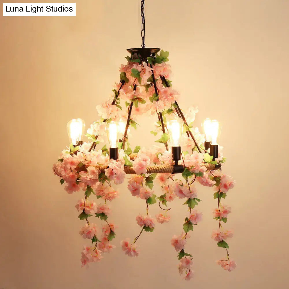 Industrial Metal Pendant Chandelier with Flower Decoration - 6/8/14-Head Pink Ceiling Light