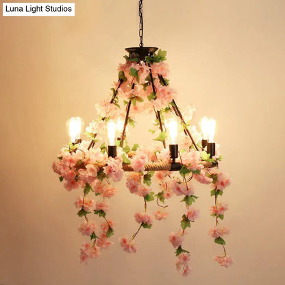 Industrial Metal Pendant Chandelier with Flower Decoration - 6/8/14-Head Pink Ceiling Light