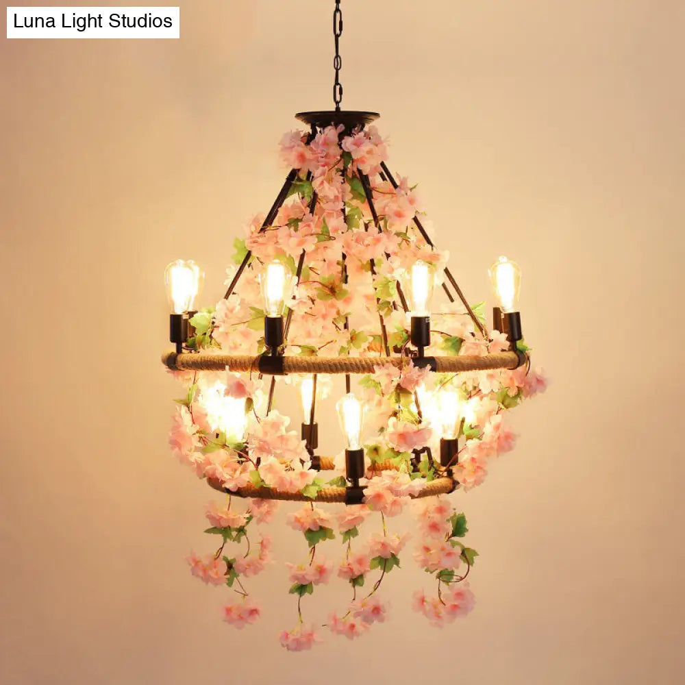 Industrial Metal Pendant Chandelier with Flower Decoration - 6/8/14-Head Pink Ceiling Light