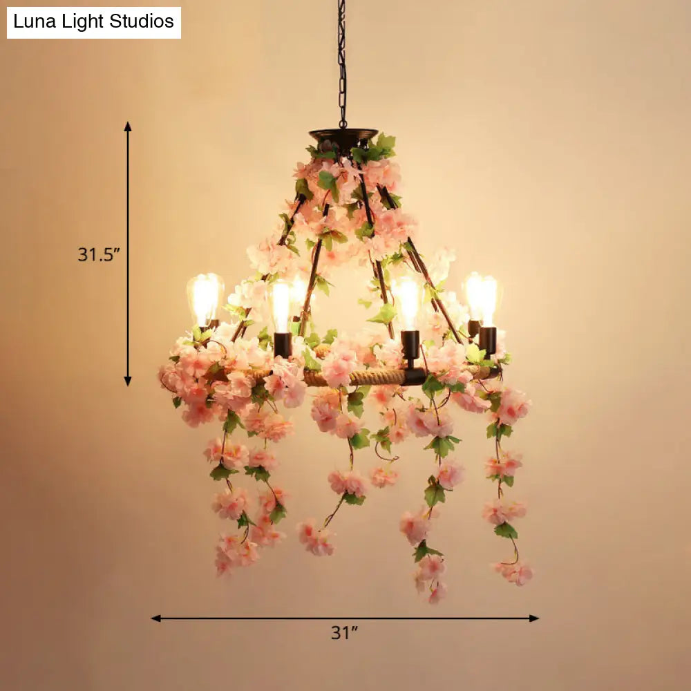 Industrial Metal Pendant Chandelier with Flower Decoration - 6/8/14-Head Pink Ceiling Light