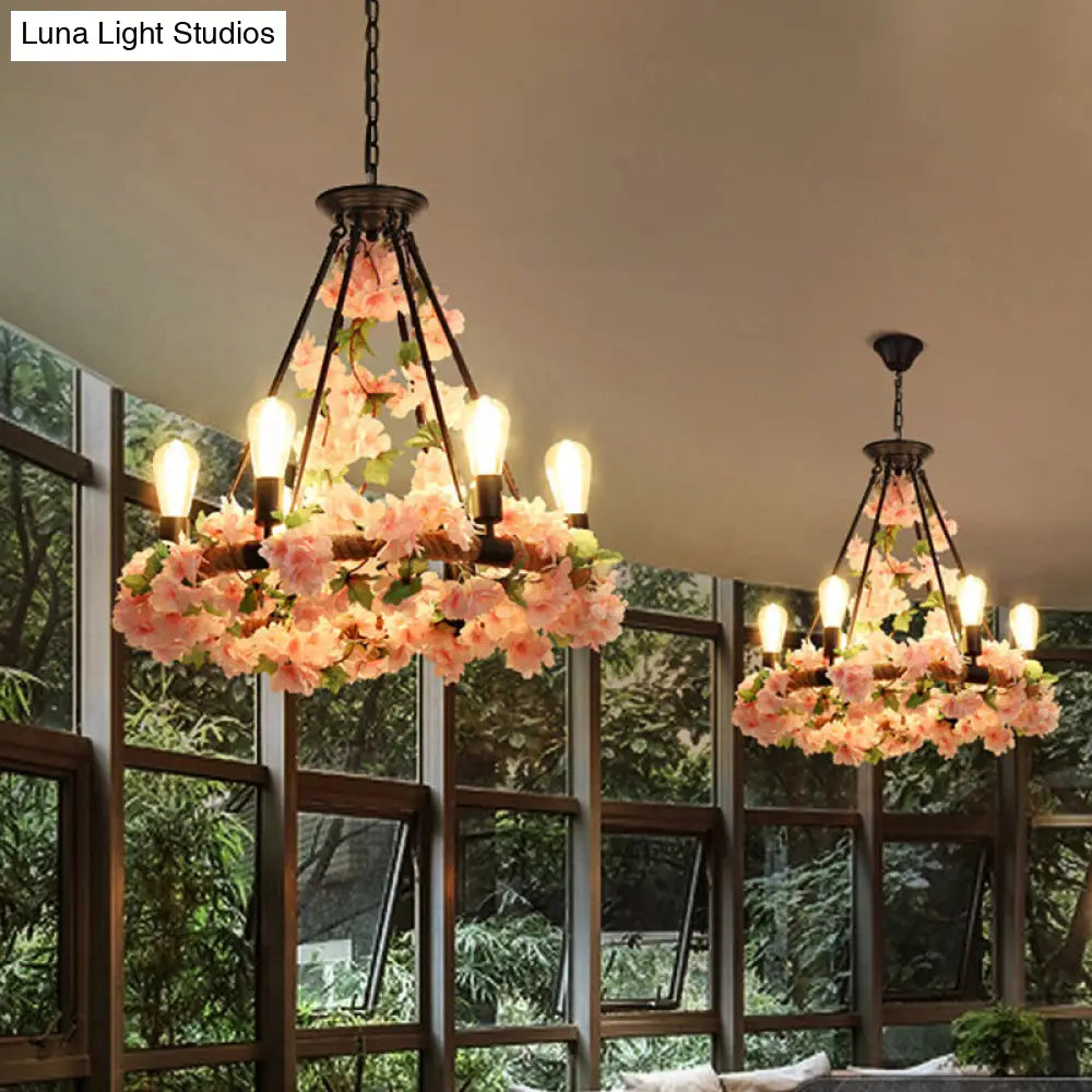 Industrial Metal Pendant Chandelier with Flower Decoration - 6/8/14-Head Pink Ceiling Light