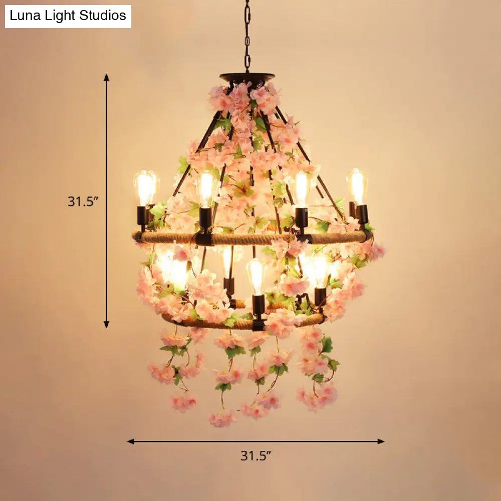 Industrial Metal Pendant Chandelier with Flower Decoration - 6/8/14-Head Pink Ceiling Light