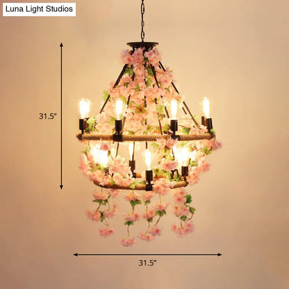 Industrial Metal Pendant Chandelier with Flower Decoration - 6/8/14-Head Pink Ceiling Light