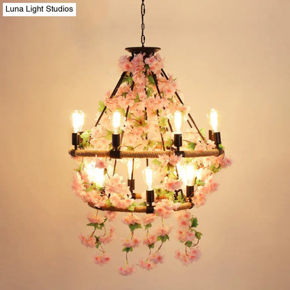 Industrial Metal Pendant Chandelier with Flower Decoration - 6/8/14-Head Pink Ceiling Light