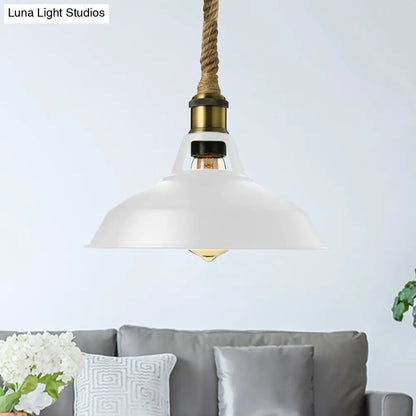 Industrial Metal Pendant Lamp: Barn-Style Shade, 1 Light, Black/White Ceiling Fixture with Hanging Rope