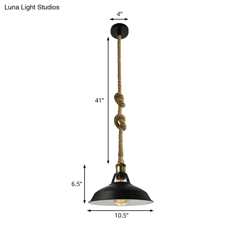 Industrial Metal Pendant Lamp: Barn-Style Shade, 1 Light, Black/White Ceiling Fixture with Hanging Rope