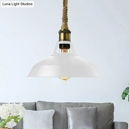 Industrial Metal Pendant Lamp: Barn-Style Shade, 1 Light, Black/White Ceiling Fixture with Hanging Rope