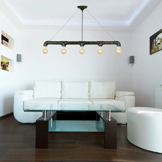 DecorBites™ Industrial Metal Pendant Lamp with Bare Bulb - 5 Bulb Antique Brass Ceiling Light for Living Room Island