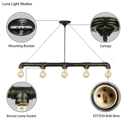 DecorBites™ Industrial Metal Pendant Lamp with Bare Bulb - 5 Bulb Antique Brass Ceiling Light for Living Room Island