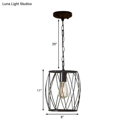 Industrial Metal Pendant Lamp with Black Wire Guard - 1 Bulb, Cylinder Shade for Dining Room Lighting Fixture