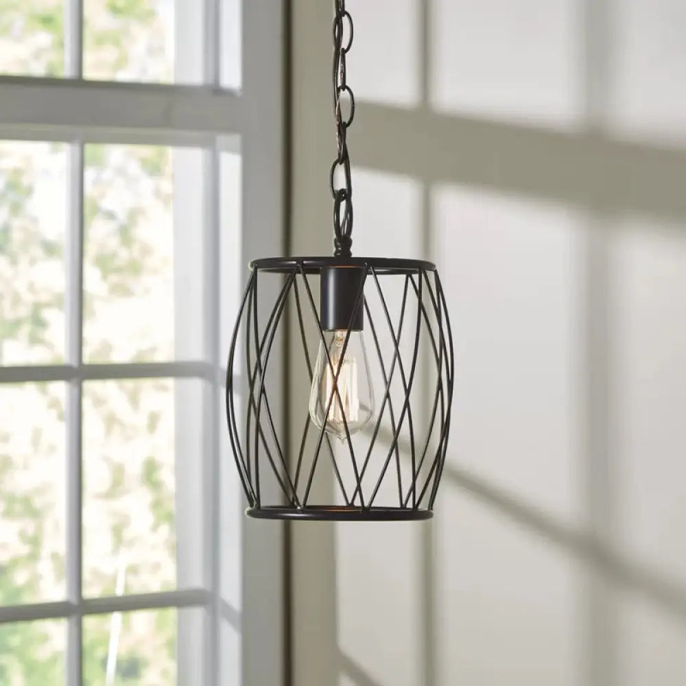 Industrial Metal Pendant Lamp with Black Wire Guard - 1 Bulb, Cylinder Shade for Dining Room Lighting Fixture