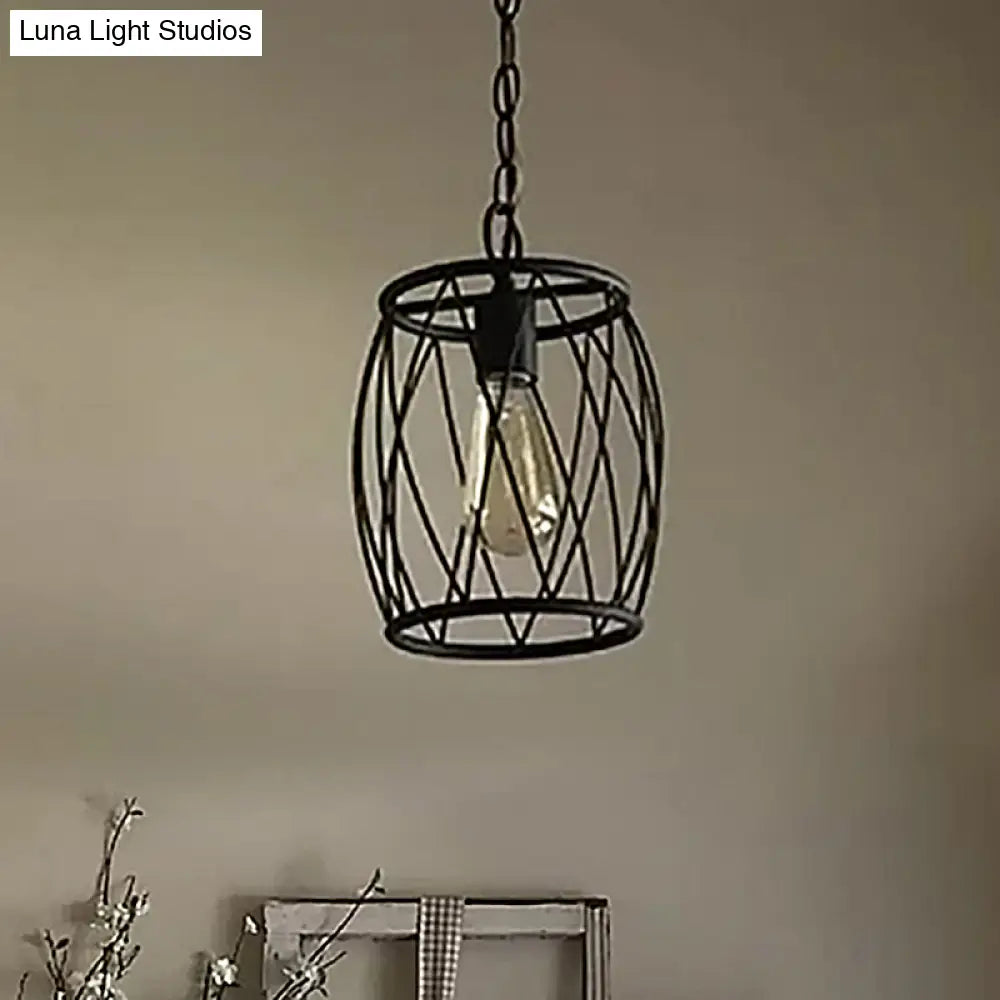 Industrial Metal Pendant Lamp with Black Wire Guard - 1 Bulb, Cylinder Shade for Dining Room Lighting Fixture