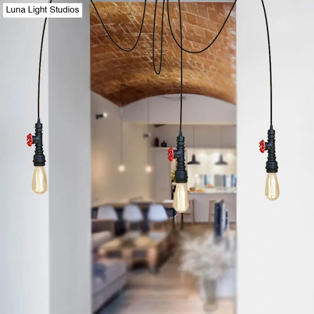 Industrial Metal Pendant Lamp with Valve and Pipe Design - Black, 2/3 Lights - Kitchen Ceiling Fixture