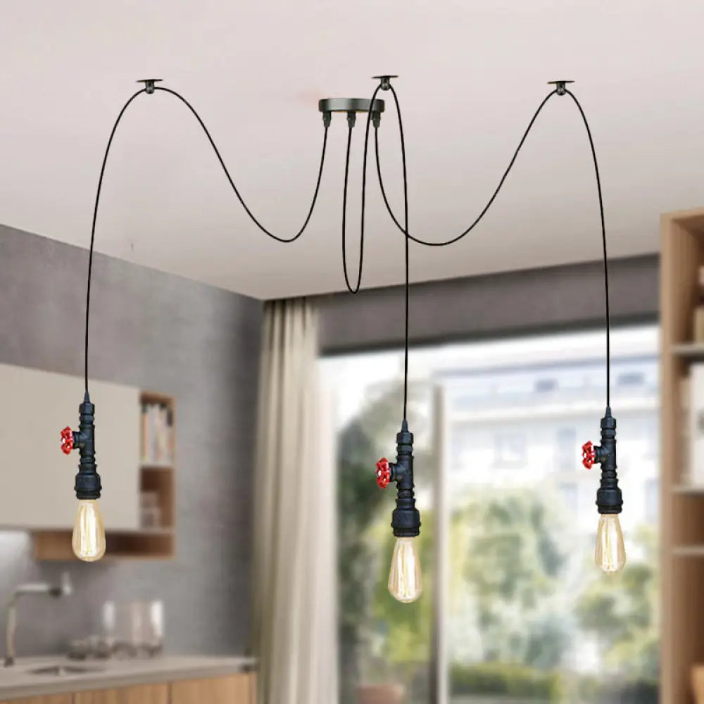 Industrial Metal Pendant Lamp with Valve and Pipe Design - Black, 2/3 Lights - Kitchen Ceiling Fixture